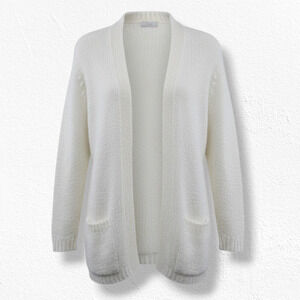Vintage 80s Ivory Open Front Cardigan Fuzzy Knit Acrylic Sweater Size Large